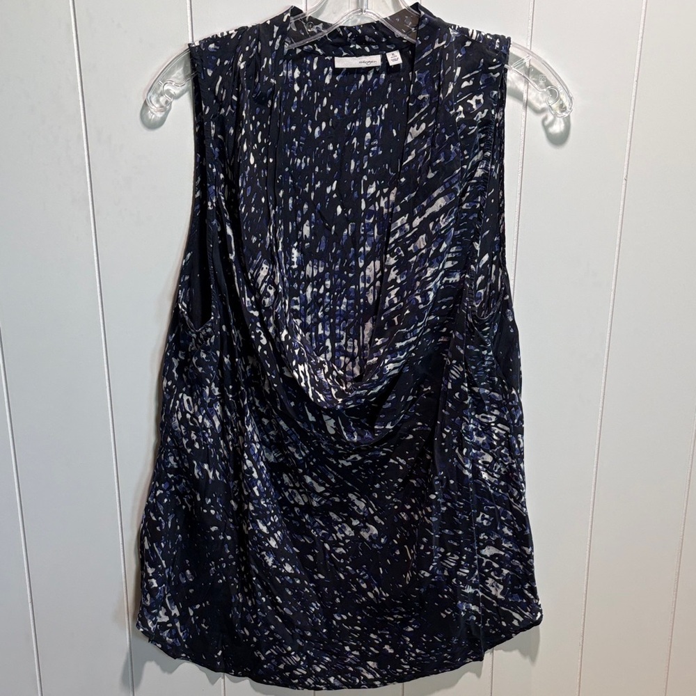 Halogen sleeveless navy blue abstract print silk blend scoop neck blouse XL